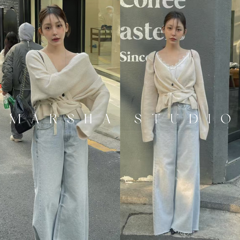 ❮韓國❯6AK15氣質優雅交疊綁帶兩穿針織罩衫上衣｜長袖上衣 (2)