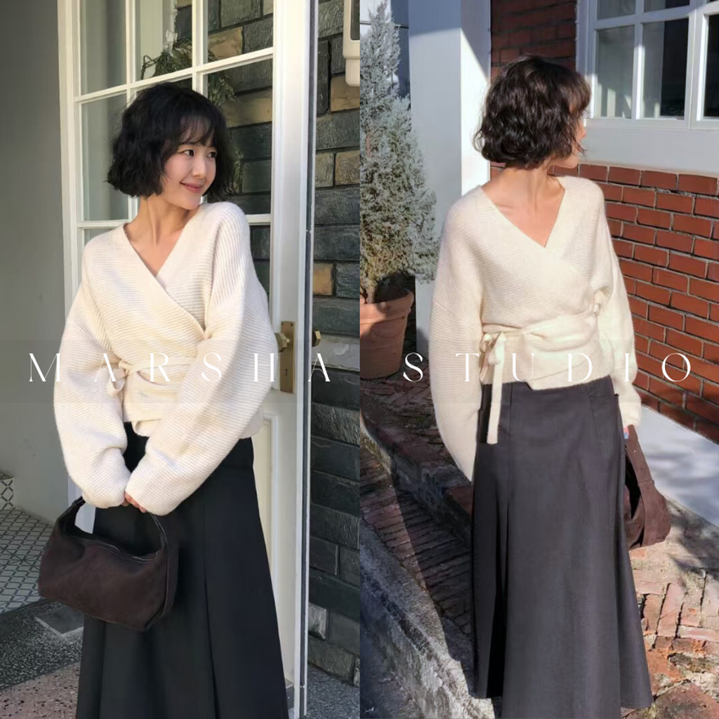 ❮韓國❯6AK15氣質優雅交疊綁帶兩穿針織罩衫上衣｜長袖上衣 (9)