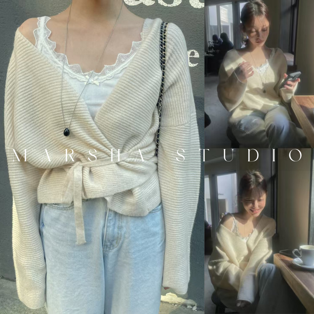 ❮韓國❯6AK15氣質優雅交疊綁帶兩穿針織罩衫上衣｜長袖上衣 (6)