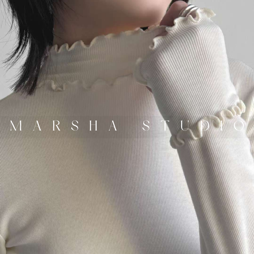 ❮韓國❯6AK14柔暖內刷毛木耳波浪捲邊半高領打底衫｜長袖上衣｜坑條上衣｜內搭上衣 (4)