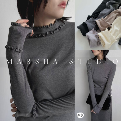 ❮韓國❯6AK14柔暖內刷毛木耳波浪捲邊半高領打底衫｜長袖上衣｜坑條上衣｜內搭上衣 (2)