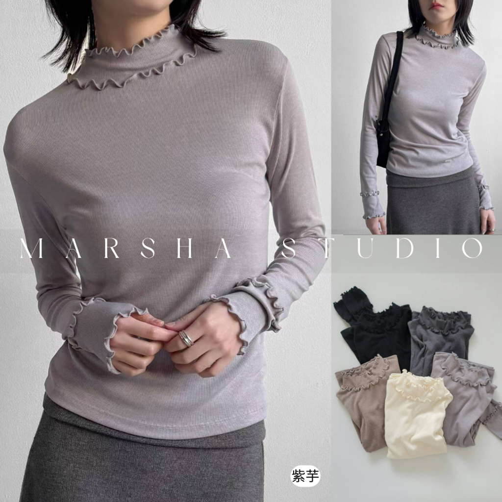 ❮韓國❯6AK14柔暖內刷毛木耳波浪捲邊半高領打底衫｜長袖上衣｜坑條上衣｜內搭上衣 (3)