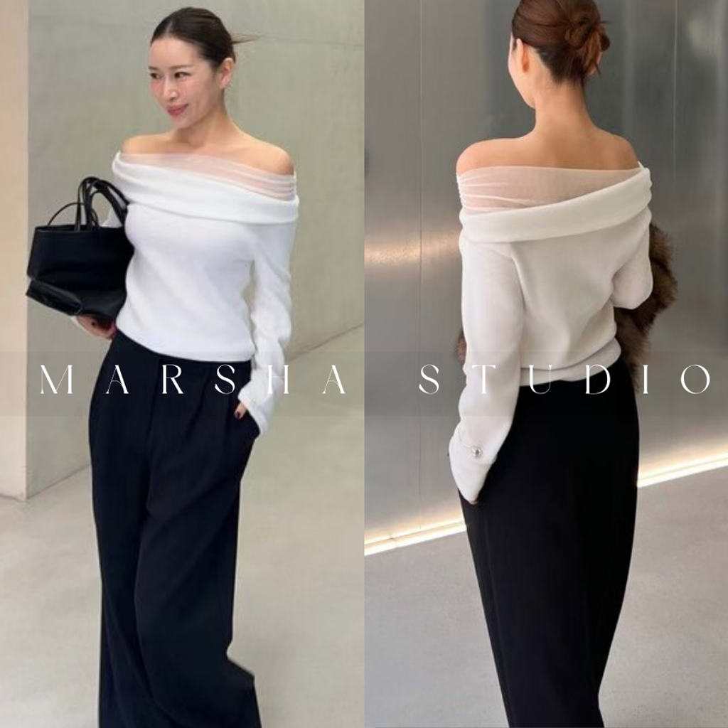 ❮韓國❯6AK13浪漫優雅網紗拼接一字領長袖上衣 (6)