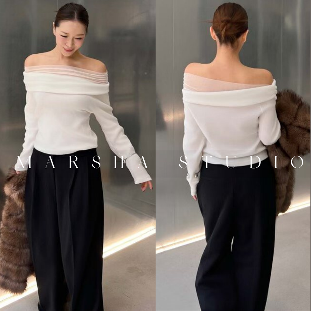 ❮韓國❯6AK13浪漫優雅網紗拼接一字領長袖上衣 (5)