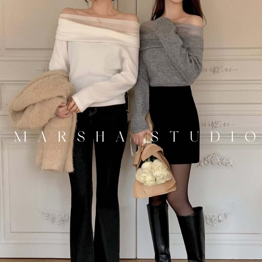 ❮韓國❯6AK13浪漫優雅網紗拼接一字領長袖上衣 (12)