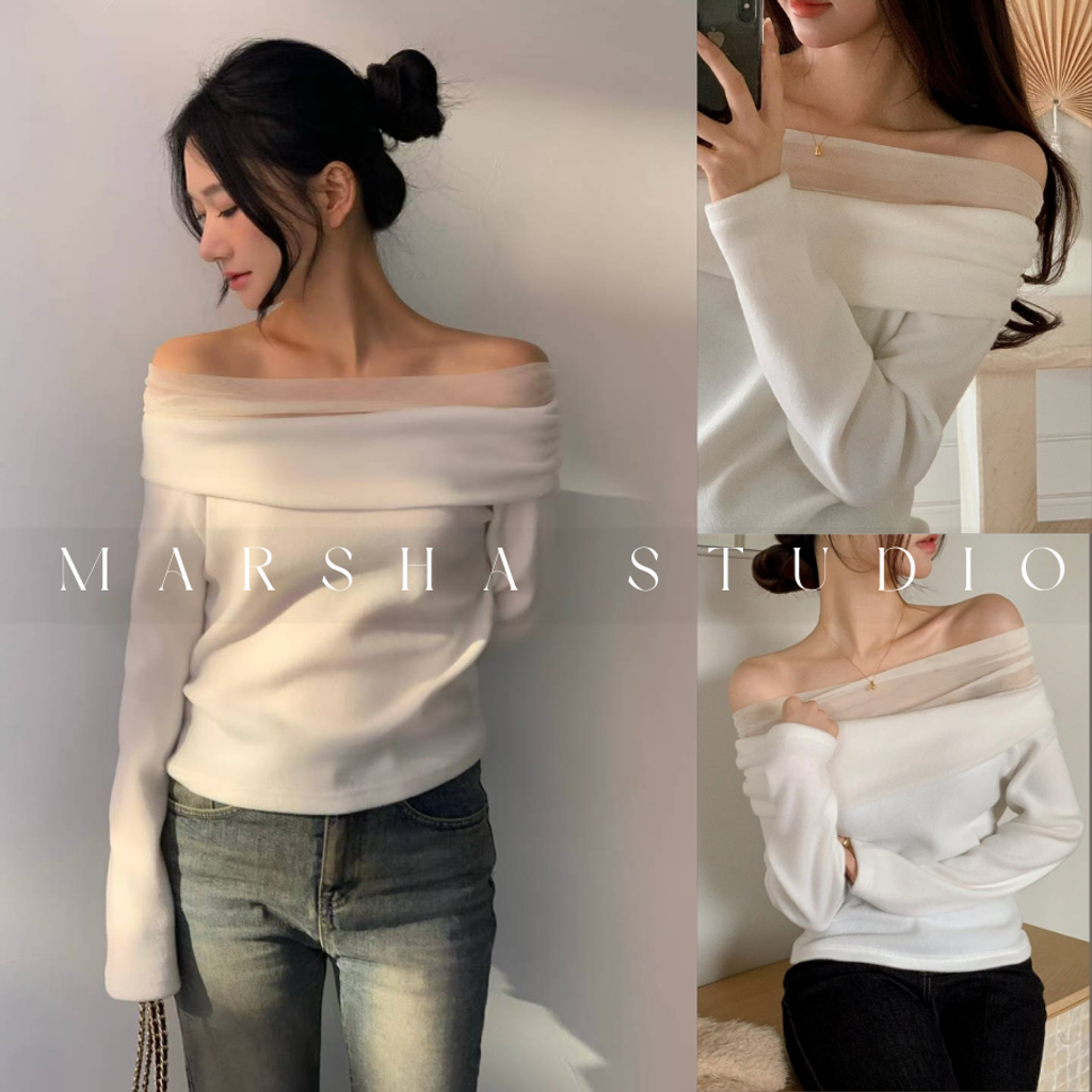 ❮韓國❯6AK13浪漫優雅網紗拼接一字領長袖上衣 (4)