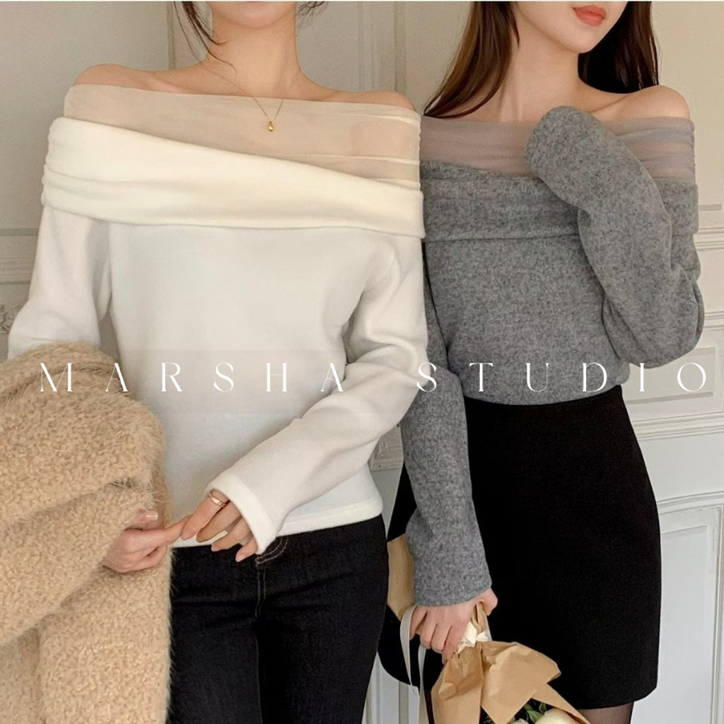 ❮韓國❯6AK13浪漫優雅網紗拼接一字領長袖上衣 (11)