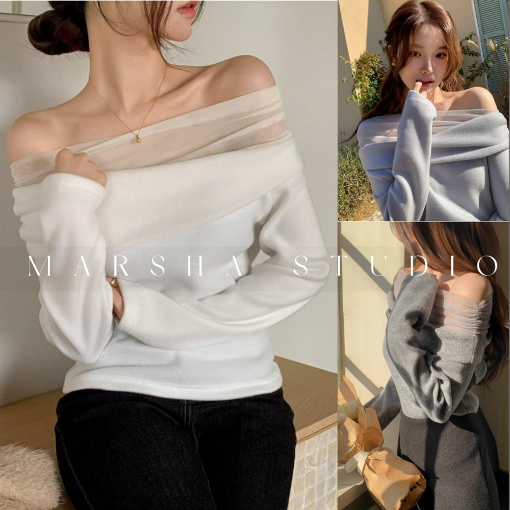 ❮韓國❯6AK13浪漫優雅網紗拼接一字領長袖上衣 (3)