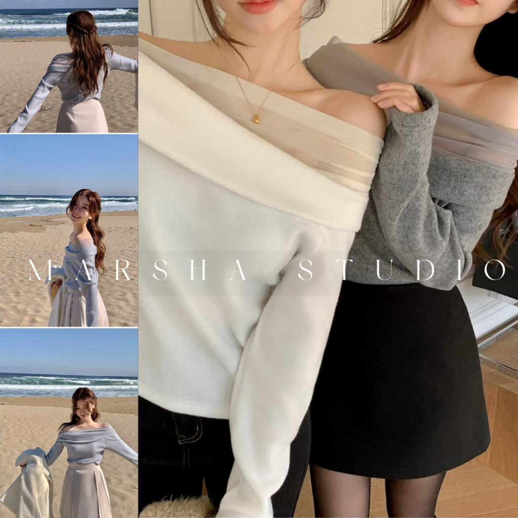 ❮韓國❯6AK13浪漫優雅網紗拼接一字領長袖上衣 (13)