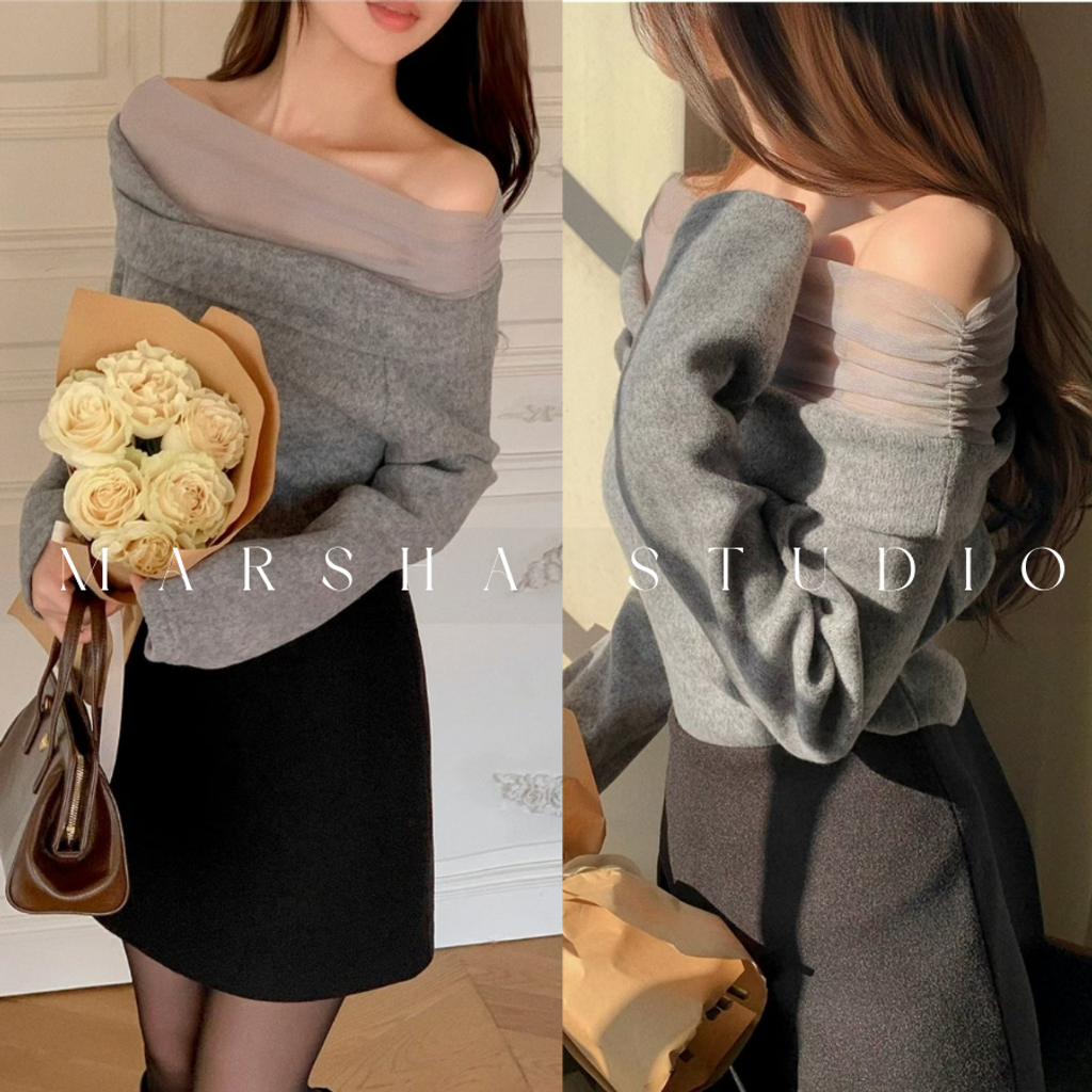 ❮韓國❯6AK13浪漫優雅網紗拼接一字領長袖上衣 (15)