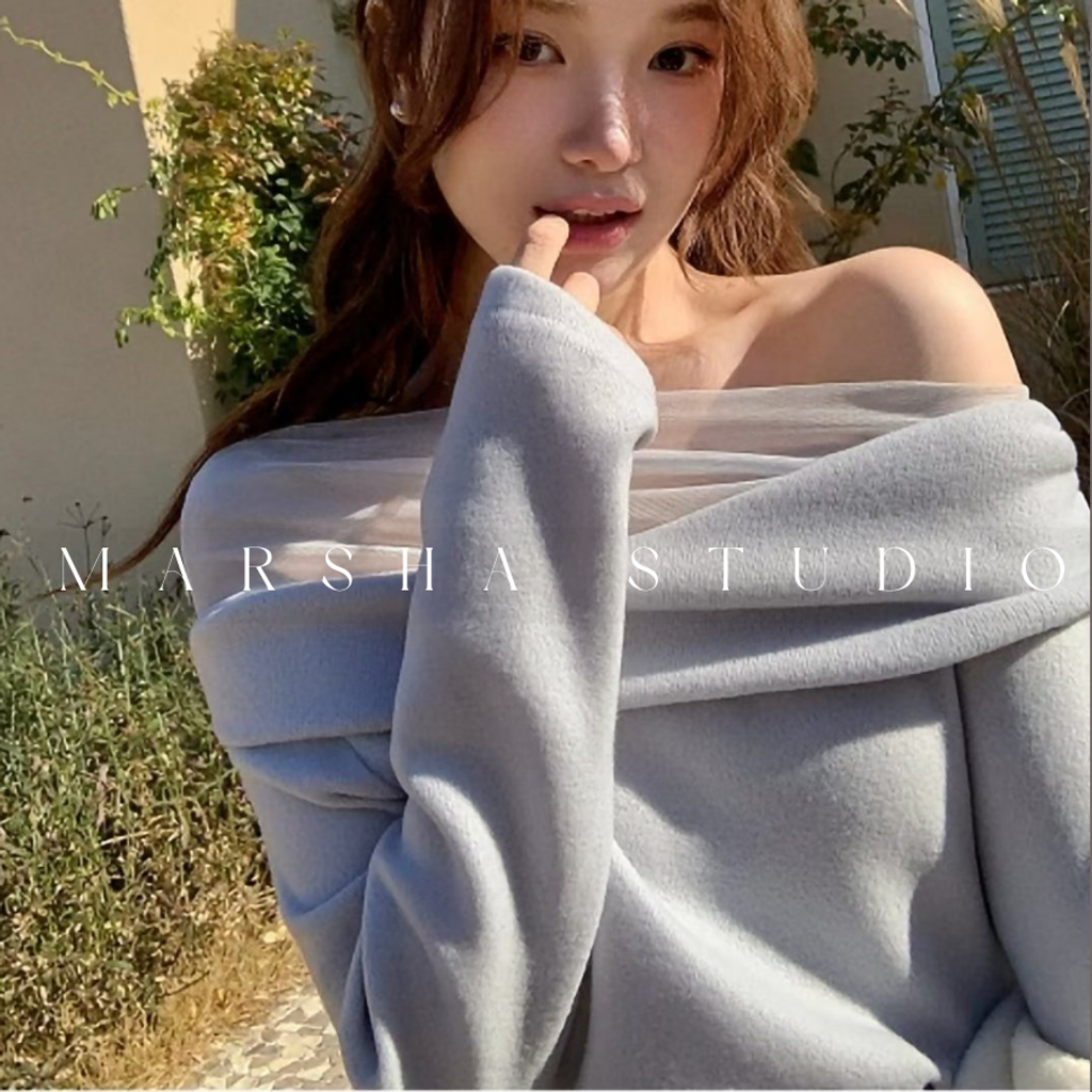 ❮韓國❯6AK13浪漫優雅網紗拼接一字領長袖上衣 (20)