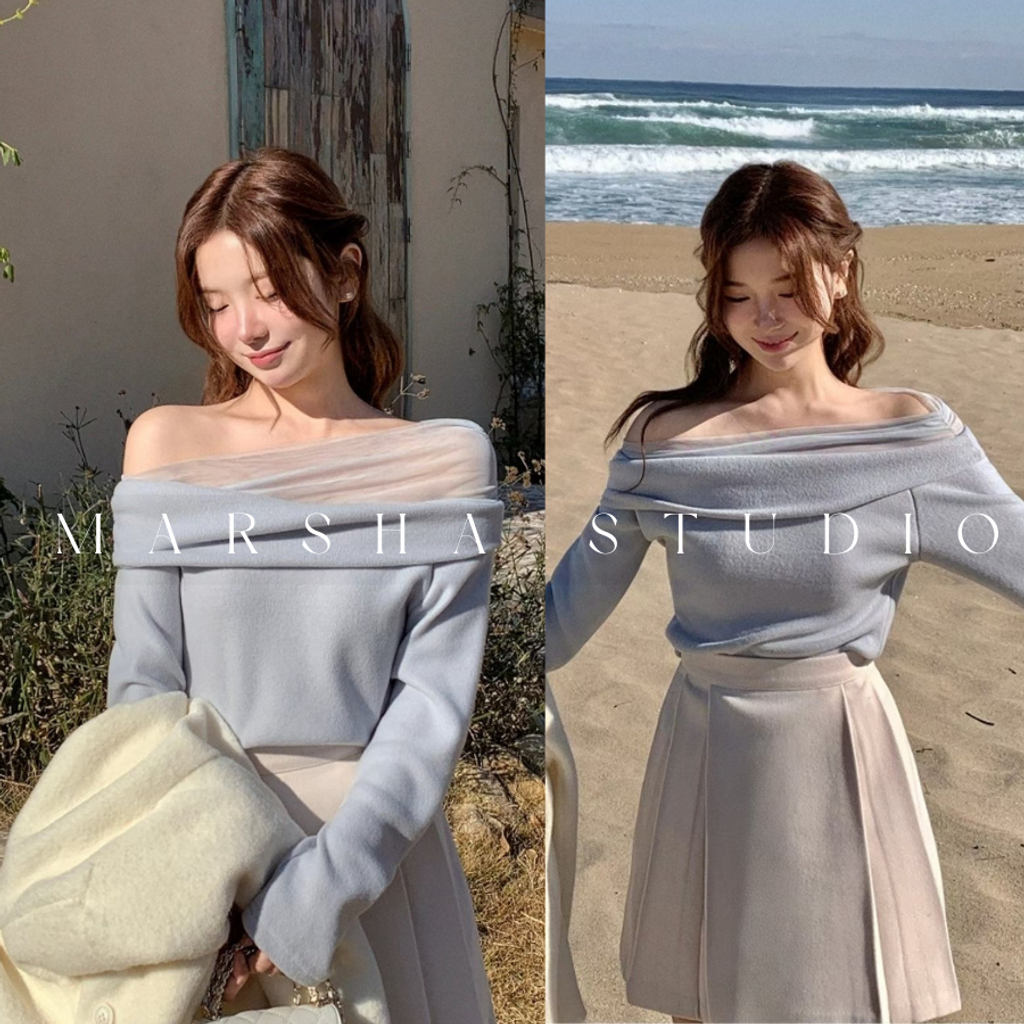 ❮韓國❯6AK13浪漫優雅網紗拼接一字領長袖上衣 (18)