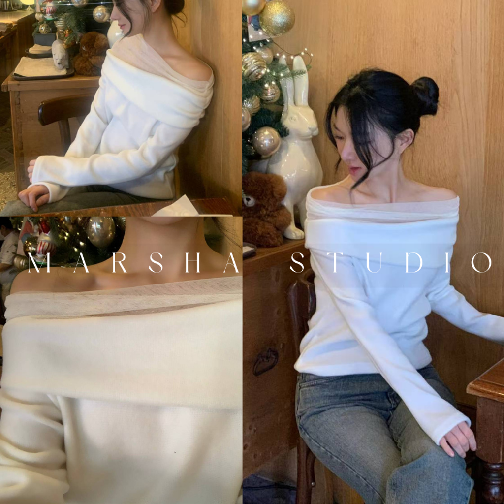 ❮韓國❯6AK13浪漫優雅網紗拼接一字領長袖上衣 (10)