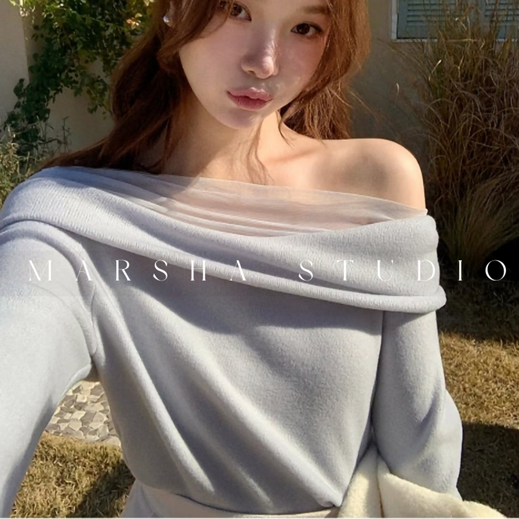 ❮韓國❯6AK13浪漫優雅網紗拼接一字領長袖上衣 (21)