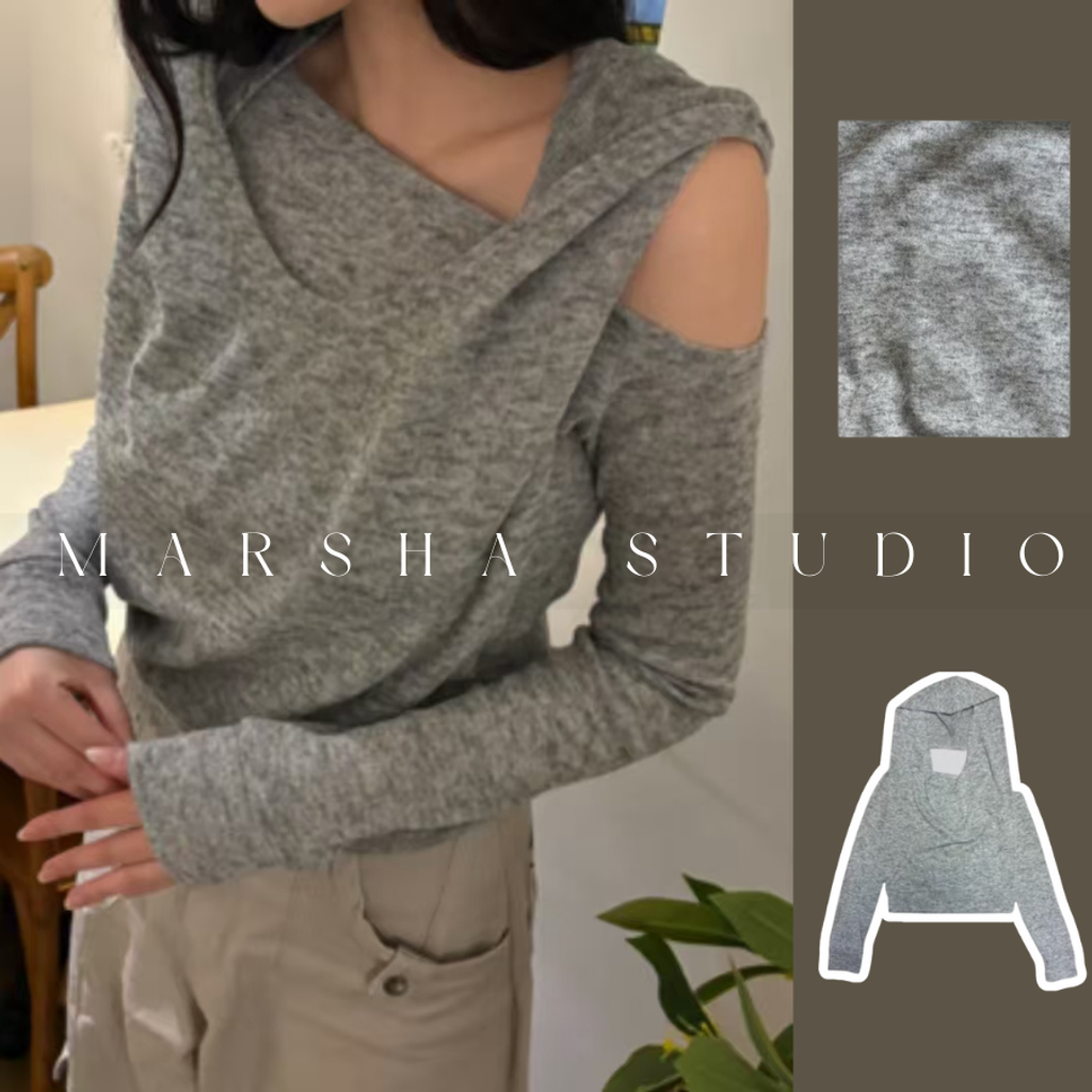 ❮韓國❯6AK12兩件式掛脖帽兜斜肩短版長袖上衣｜帽T