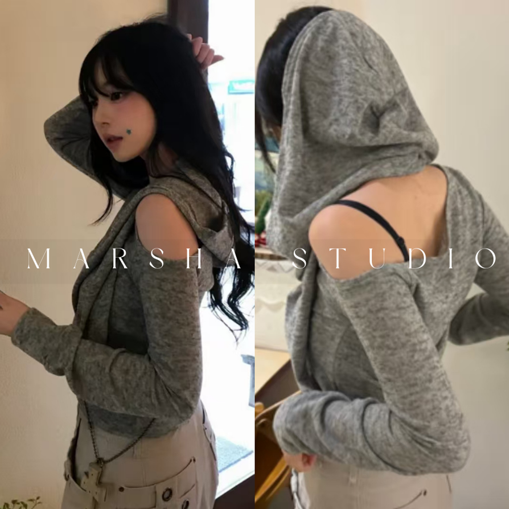 ❮韓國❯6AK12兩件式掛脖帽兜斜肩短版長袖上衣｜帽T (2)