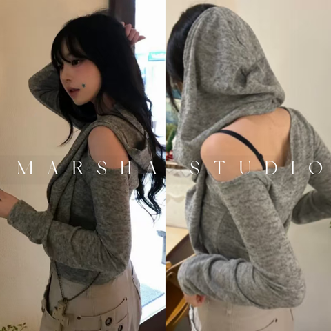 ❮韓國❯6AK12兩件式掛脖帽兜斜肩短版長袖上衣｜帽T (2)