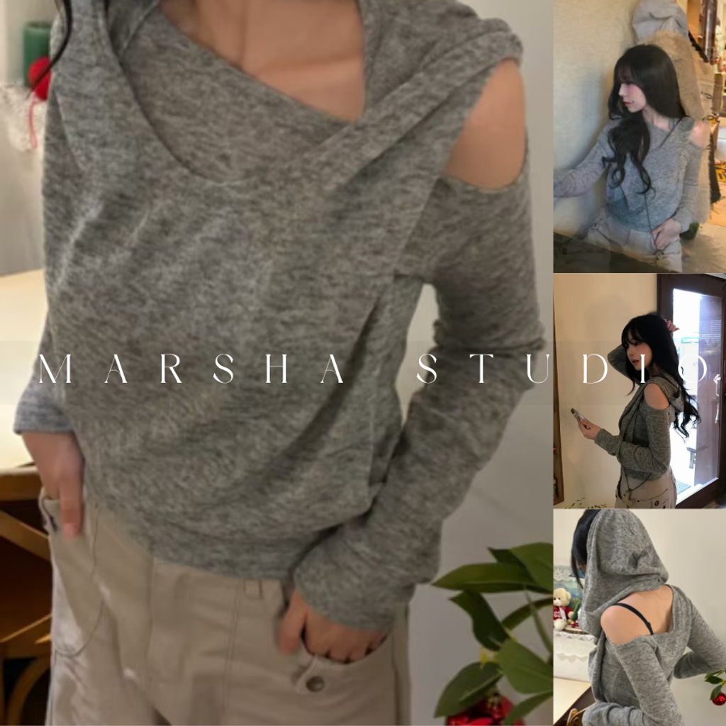 ❮韓國❯6AK12兩件式掛脖帽兜斜肩短版長袖上衣｜帽T (4)