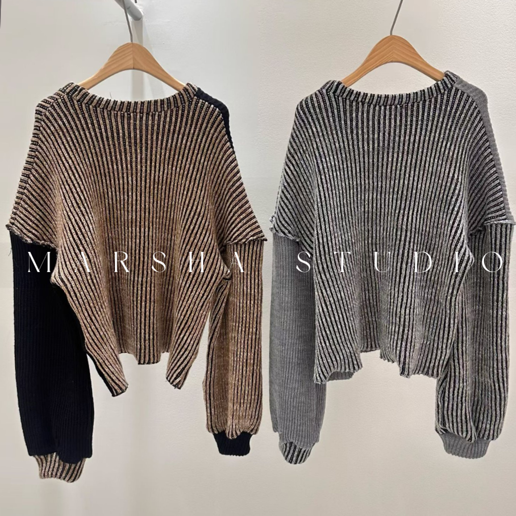 ❮韓國❯6AK11幾何撞色坑條落肩坑條毛衣針織上衣 (2)