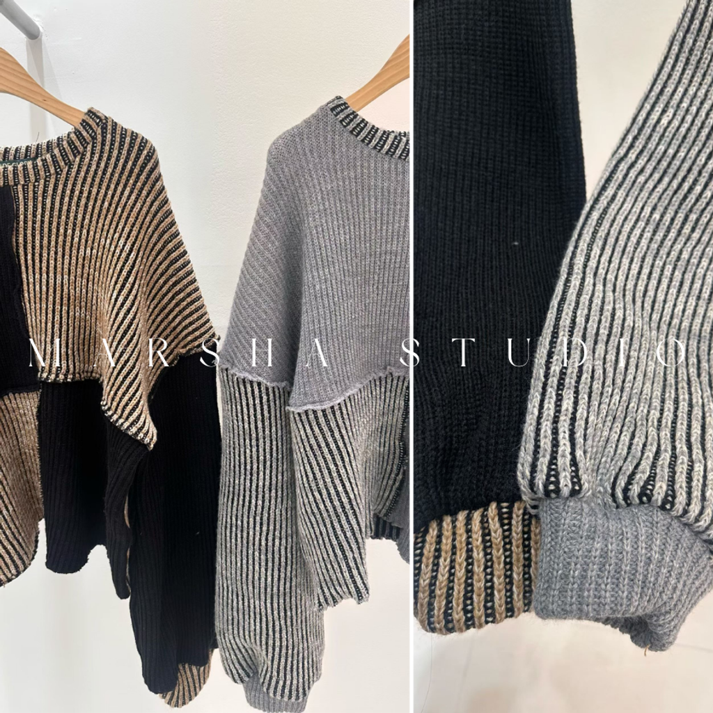 ❮韓國❯6AK11幾何撞色坑條落肩坑條毛衣針織上衣 (4)