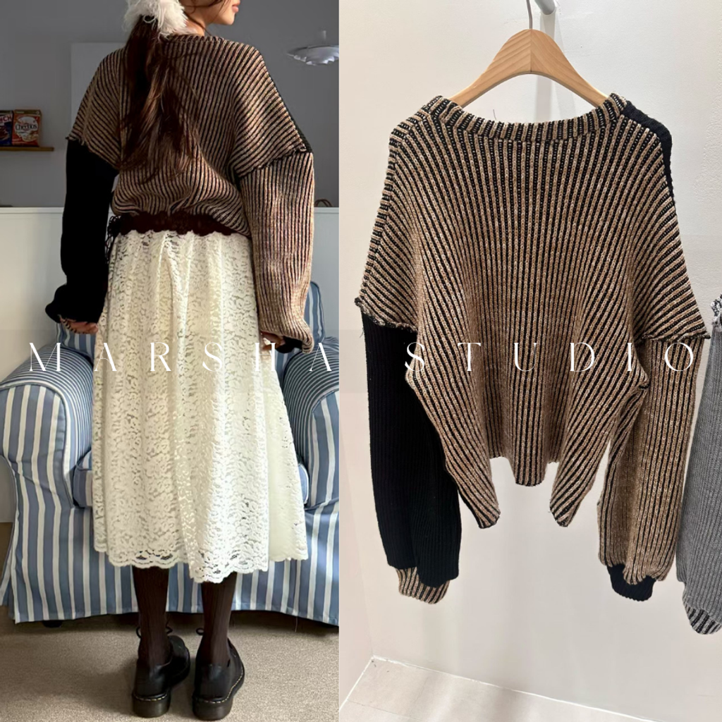 ❮韓國❯6AK11幾何撞色坑條落肩坑條毛衣針織上衣 (3)
