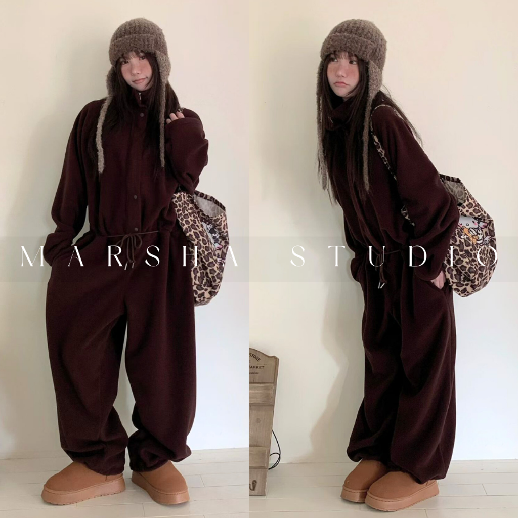 ❮韓國❯6AK10冬日懶人美學背面字母毛呢繡抽繩保暖刷毛連身褲 (6)