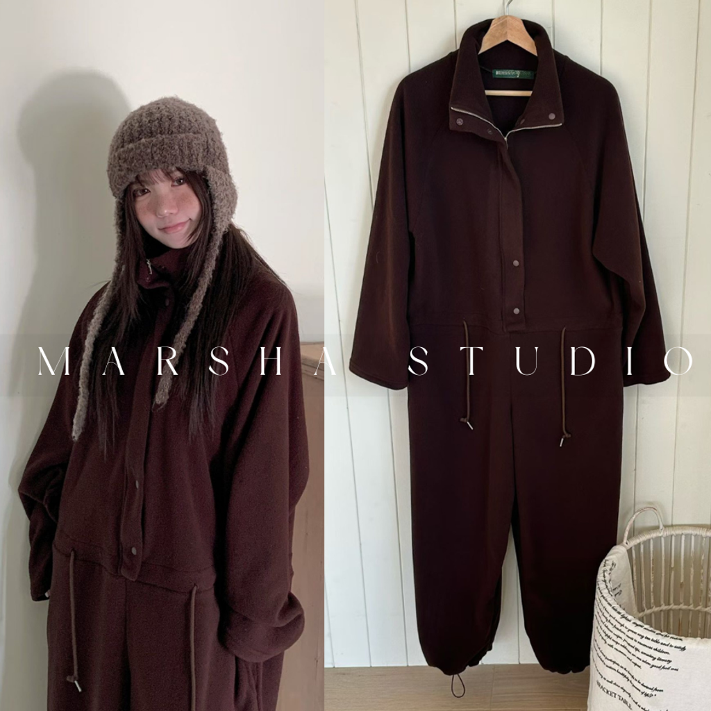 ❮韓國❯6AK10冬日懶人美學背面字母毛呢繡抽繩保暖刷毛連身褲 (7)