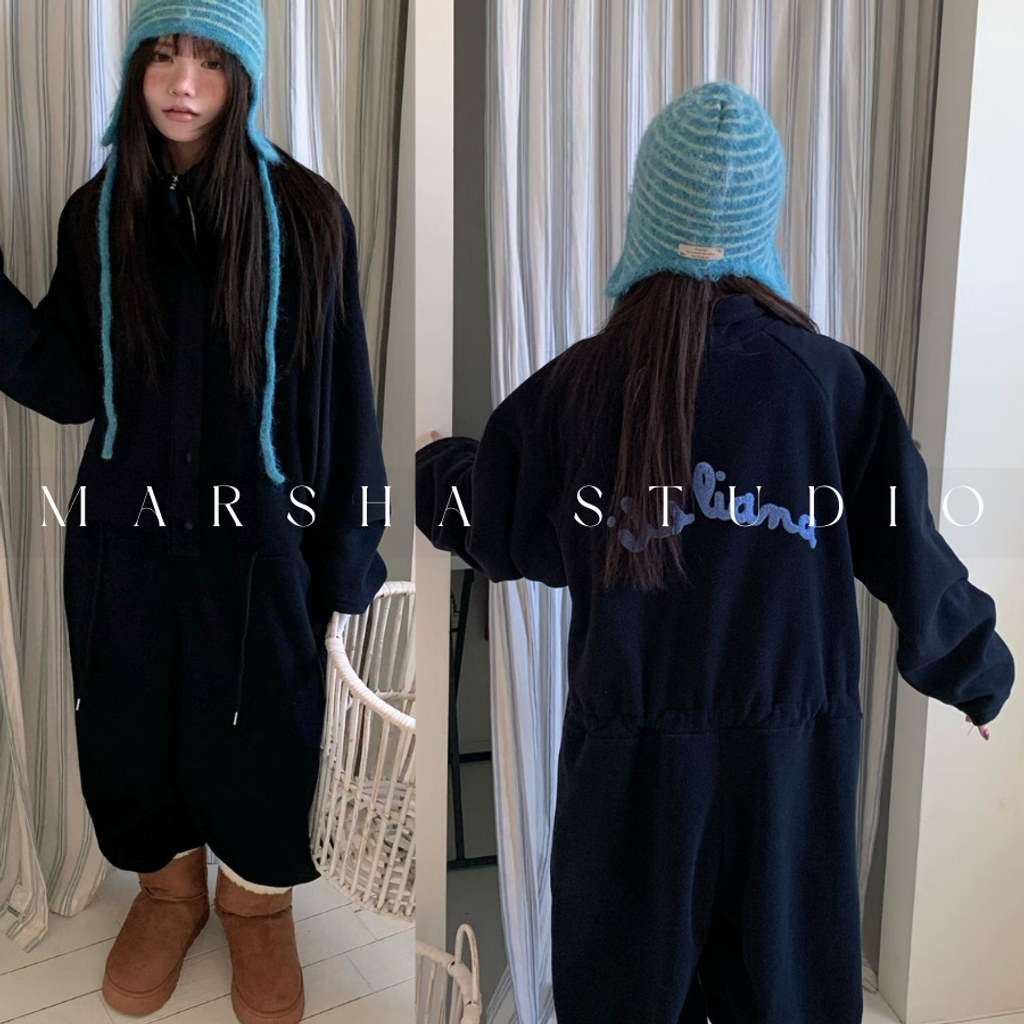 ❮韓國❯6AK10冬日懶人美學背面字母毛呢繡抽繩保暖刷毛連身褲 (3)