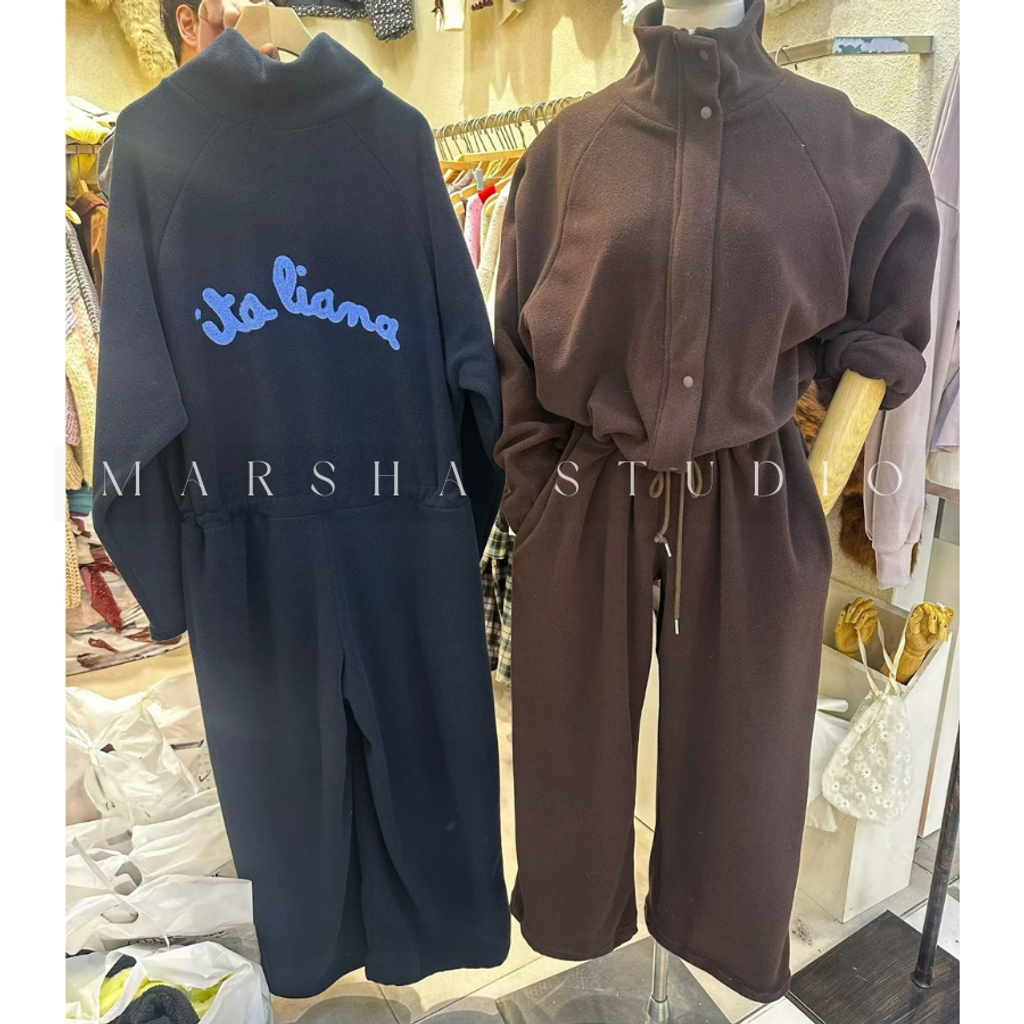 ❮韓國❯6AK10冬日懶人美學背面字母毛呢繡抽繩保暖刷毛連身褲 (12)