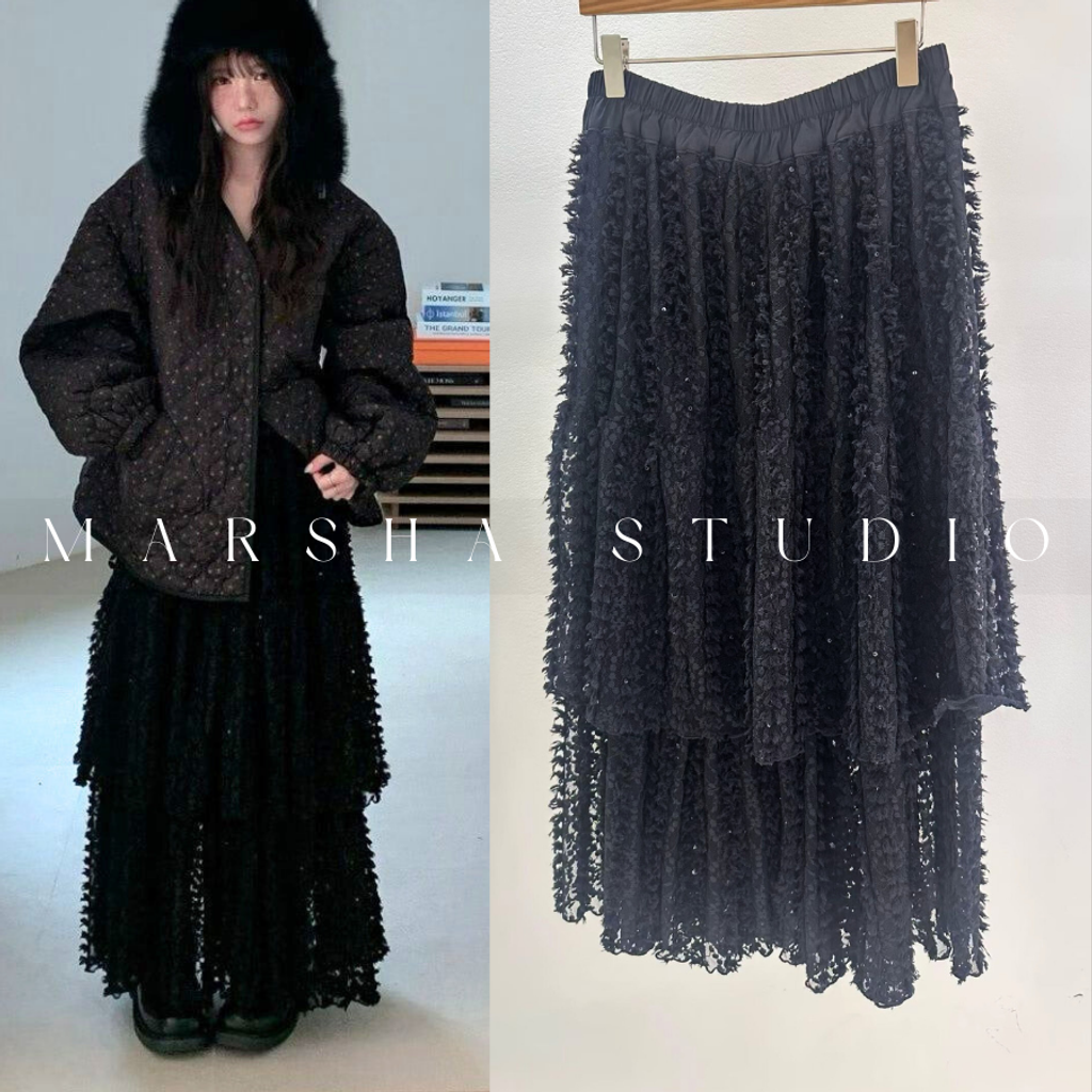 ❮韓國❯6AK09浪漫層次立體爆米花蕾絲蛋糕長裙 (2)