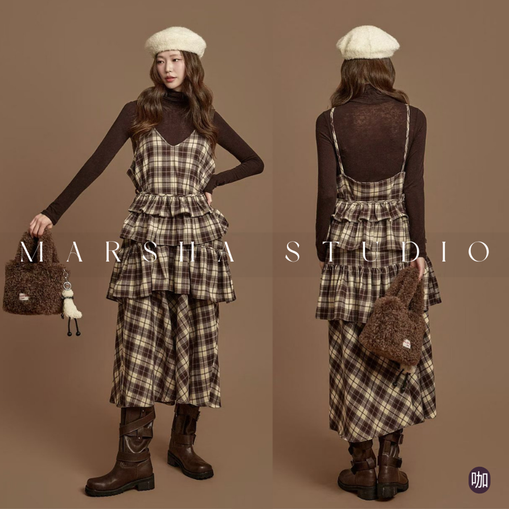 ❮韓國❯6AK08浪漫英倫格紋蛋糕層次細肩帶洋裝兩件式套裝 (13)