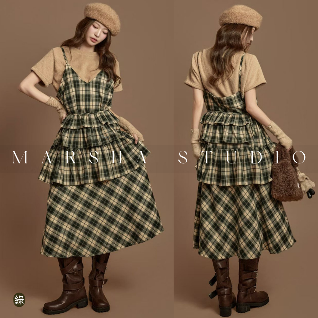 ❮韓國❯6AK08浪漫英倫格紋蛋糕層次細肩帶洋裝兩件式套裝 (8)