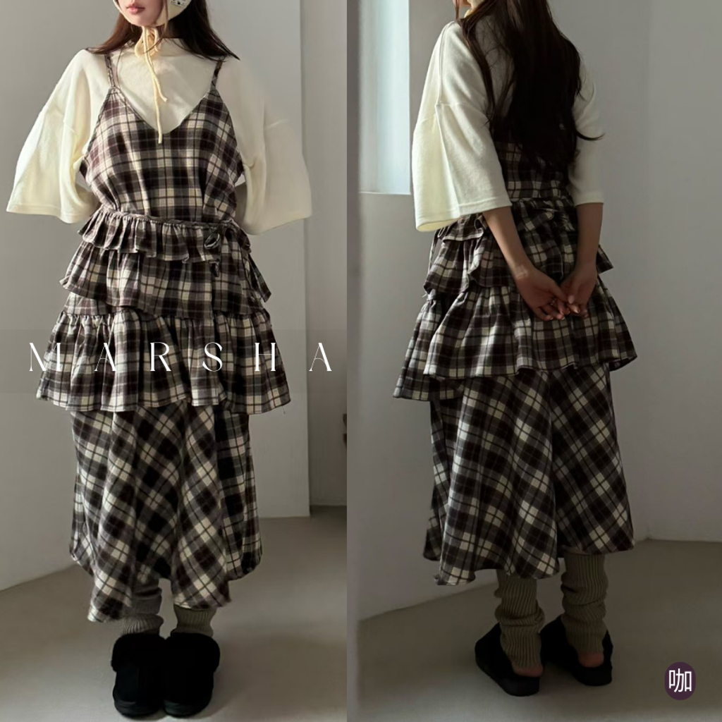 ❮韓國❯6AK08浪漫英倫格紋蛋糕層次細肩帶洋裝兩件式套裝 (15)