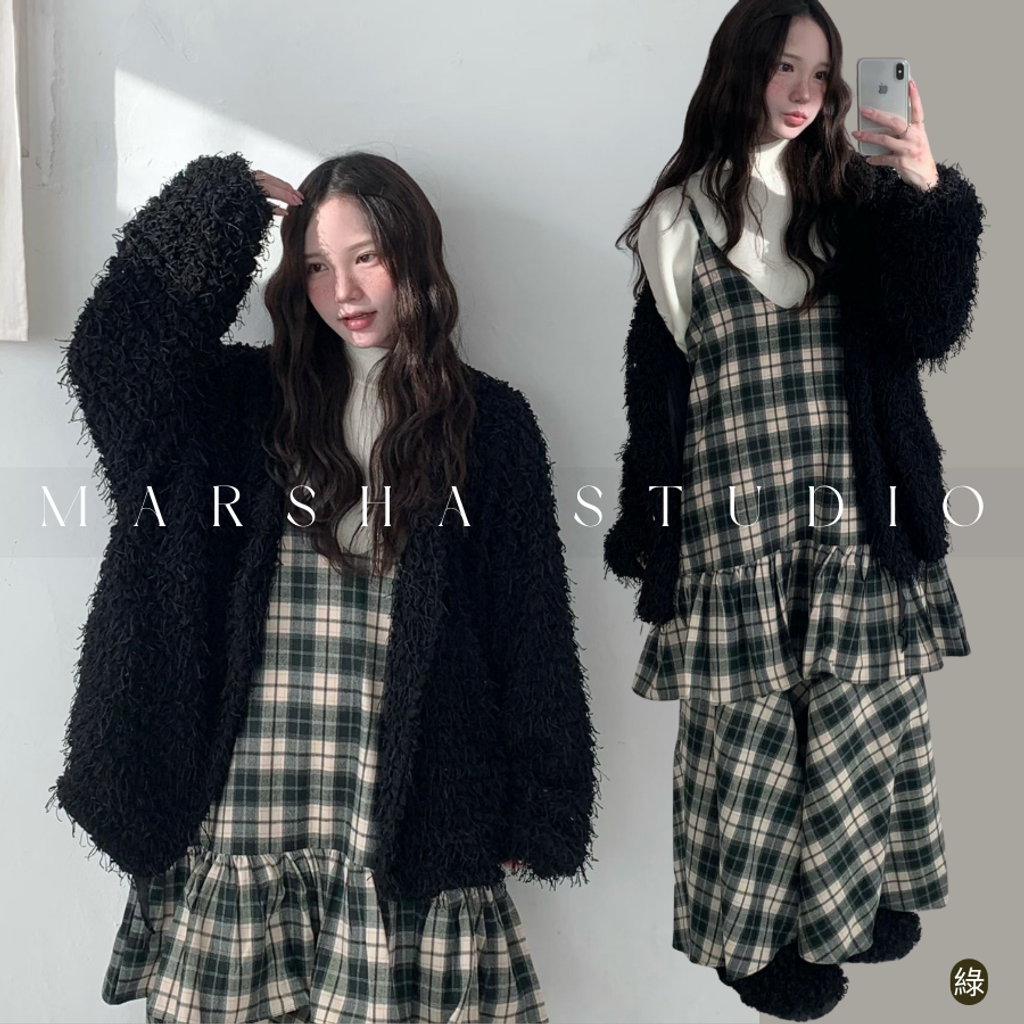 ❮韓國❯6AK08浪漫英倫格紋蛋糕層次細肩帶洋裝兩件式套裝 (3)