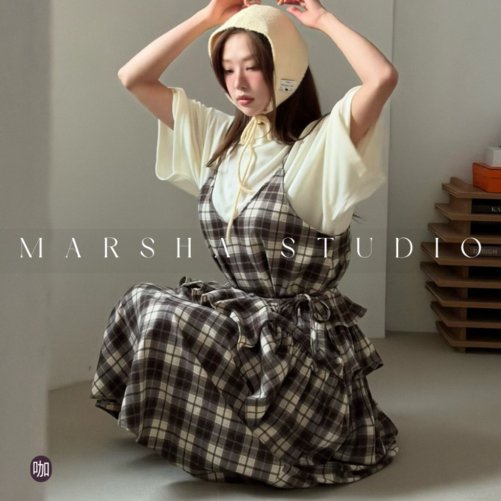 ❮韓國❯6AK08浪漫英倫格紋蛋糕層次細肩帶洋裝兩件式套裝 (16)