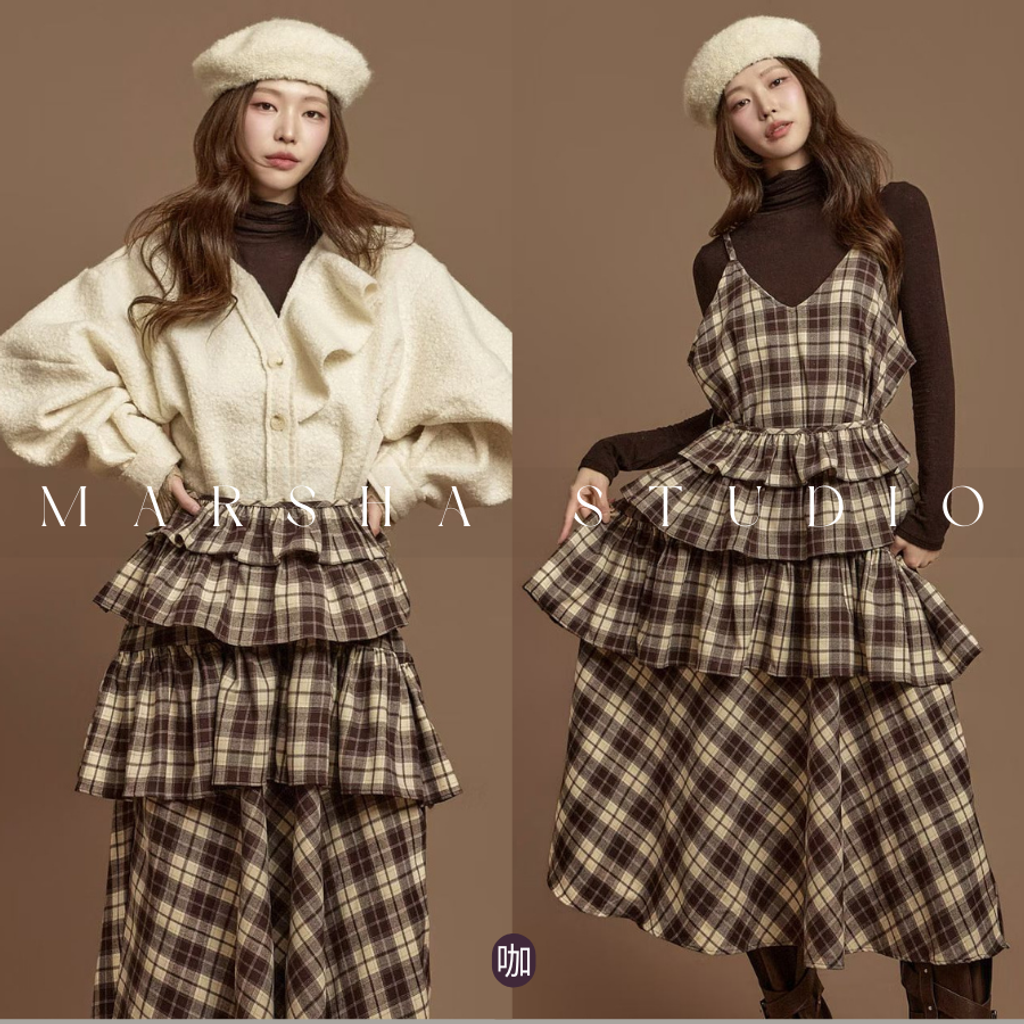 ❮韓國❯6AK08浪漫英倫格紋蛋糕層次細肩帶洋裝兩件式套裝 (12)