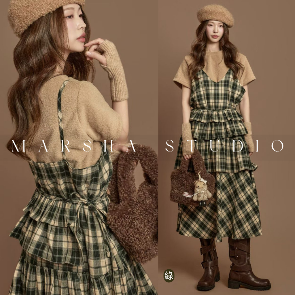 ❮韓國❯6AK08浪漫英倫格紋蛋糕層次細肩帶洋裝兩件式套裝 (9)