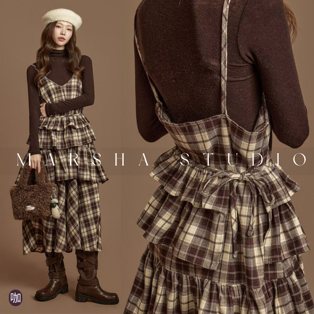 ❮韓國❯6AK08浪漫英倫格紋蛋糕層次細肩帶洋裝兩件式套裝 (14)