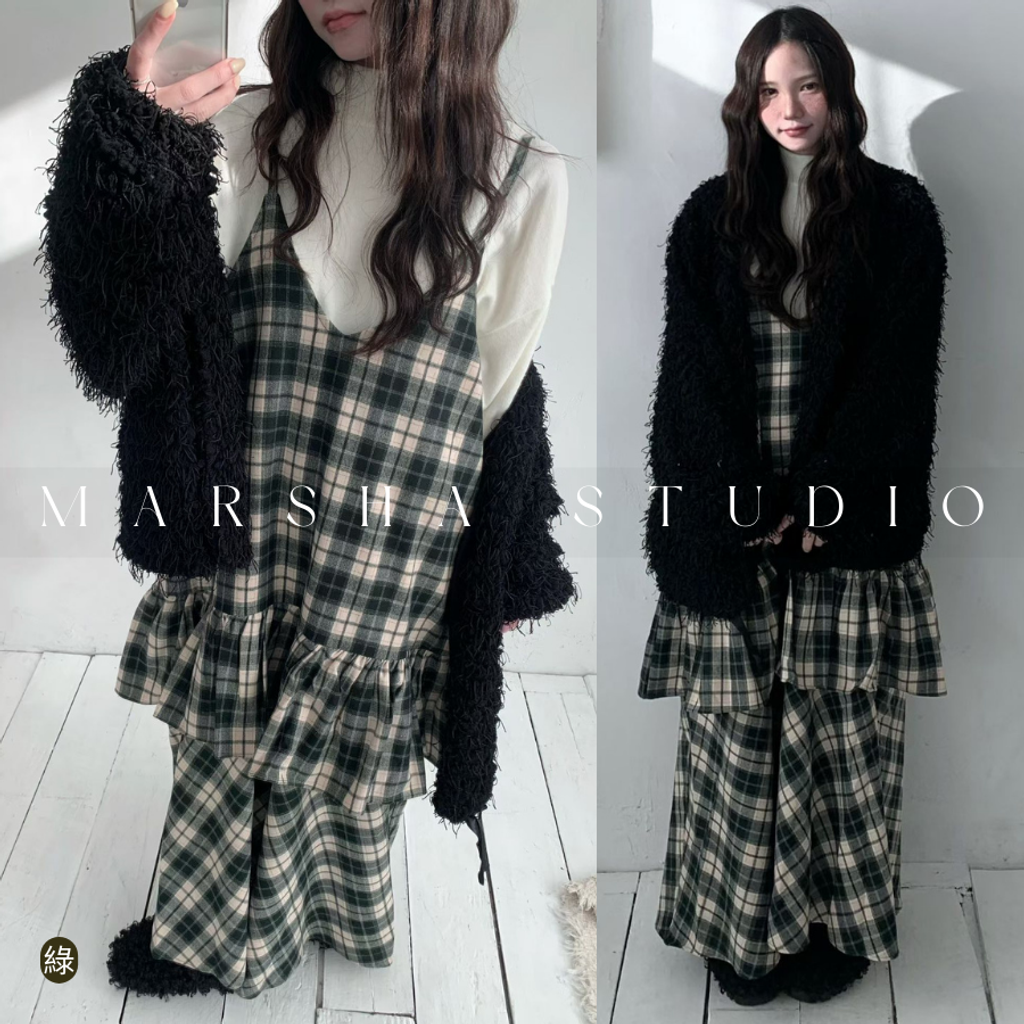 ❮韓國❯6AK08浪漫英倫格紋蛋糕層次細肩帶洋裝兩件式套裝 (6)