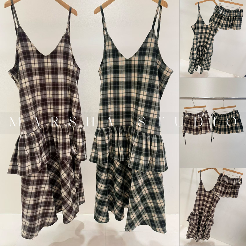 ❮韓國❯6AK08浪漫英倫格紋蛋糕層次細肩帶洋裝兩件式套裝 (20)