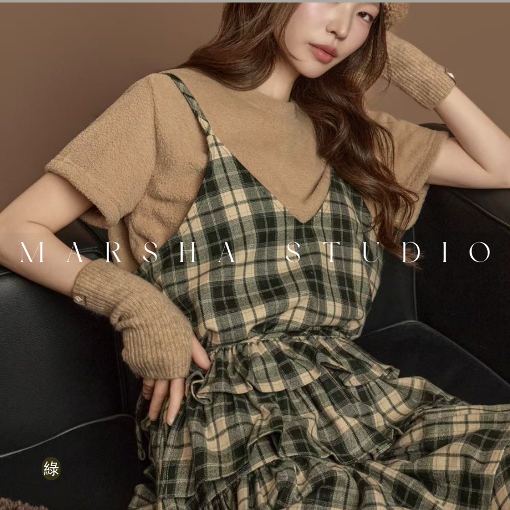 ❮韓國❯6AK08浪漫英倫格紋蛋糕層次細肩帶洋裝兩件式套裝 (10)