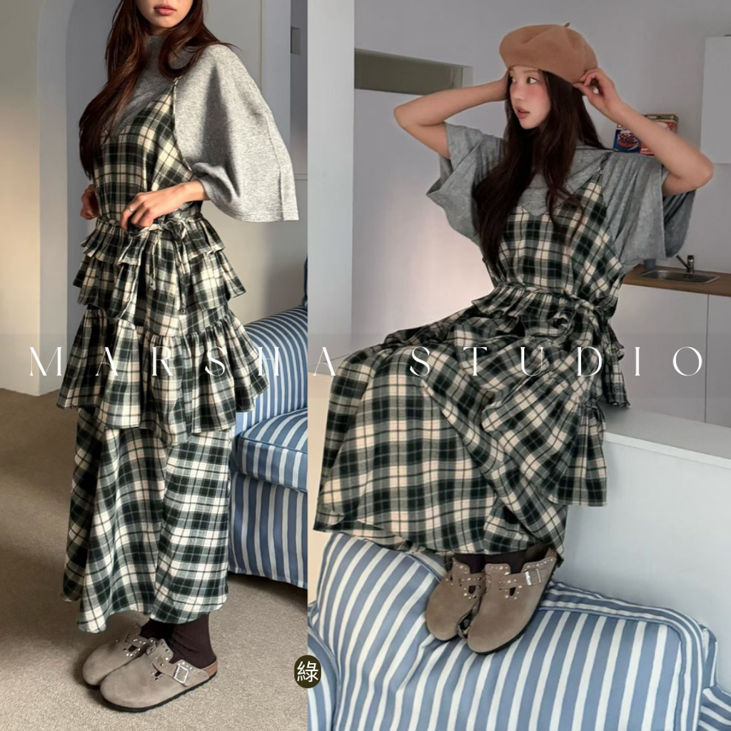 ❮韓國❯6AK08浪漫英倫格紋蛋糕層次細肩帶洋裝兩件式套裝 (2)