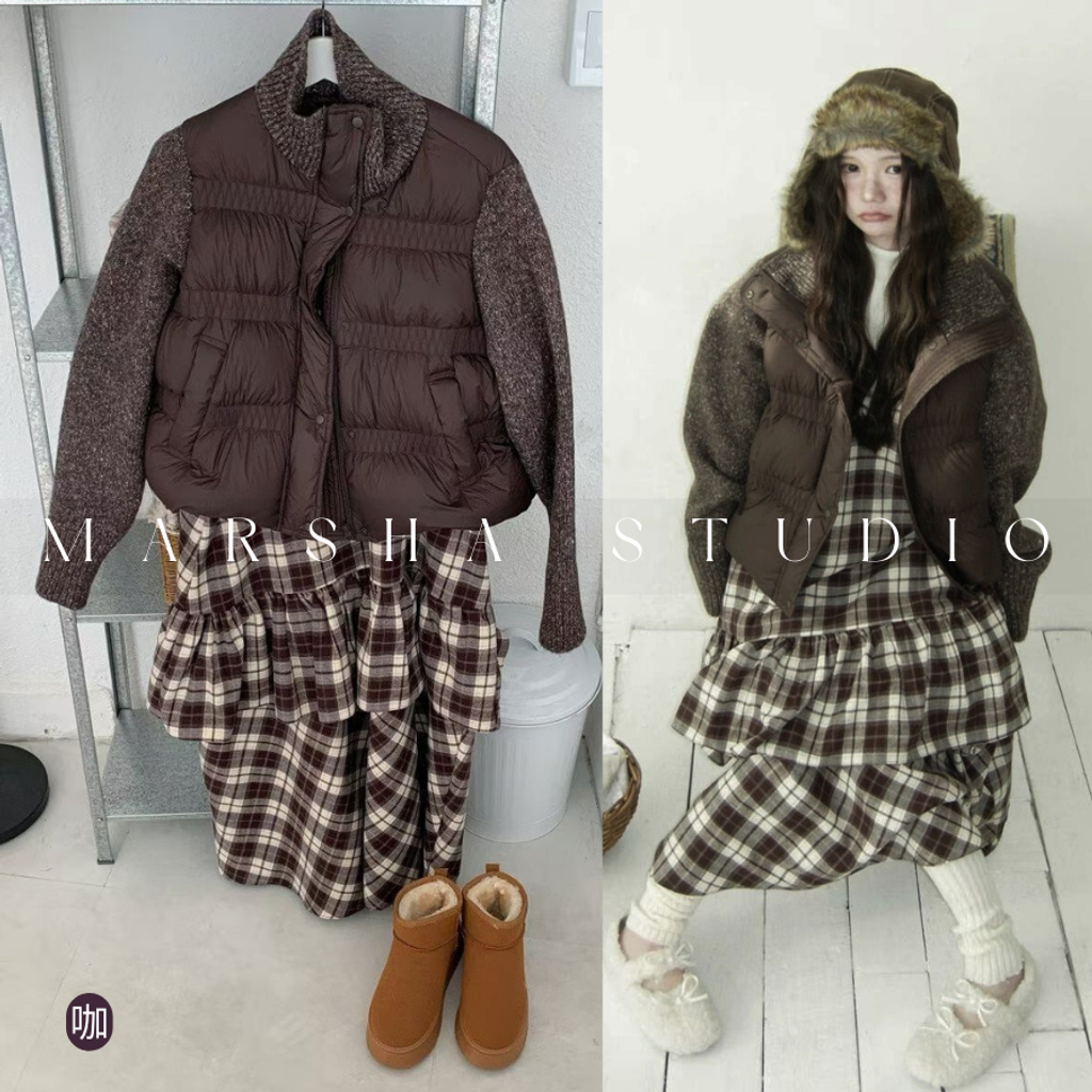 ❮韓國❯6AK08浪漫英倫格紋蛋糕層次細肩帶洋裝兩件式套裝 (18)