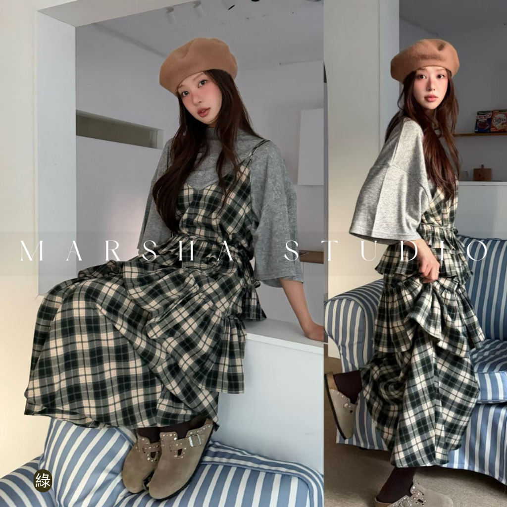 ❮韓國❯6AK08浪漫英倫格紋蛋糕層次細肩帶洋裝兩件式套裝 (7)