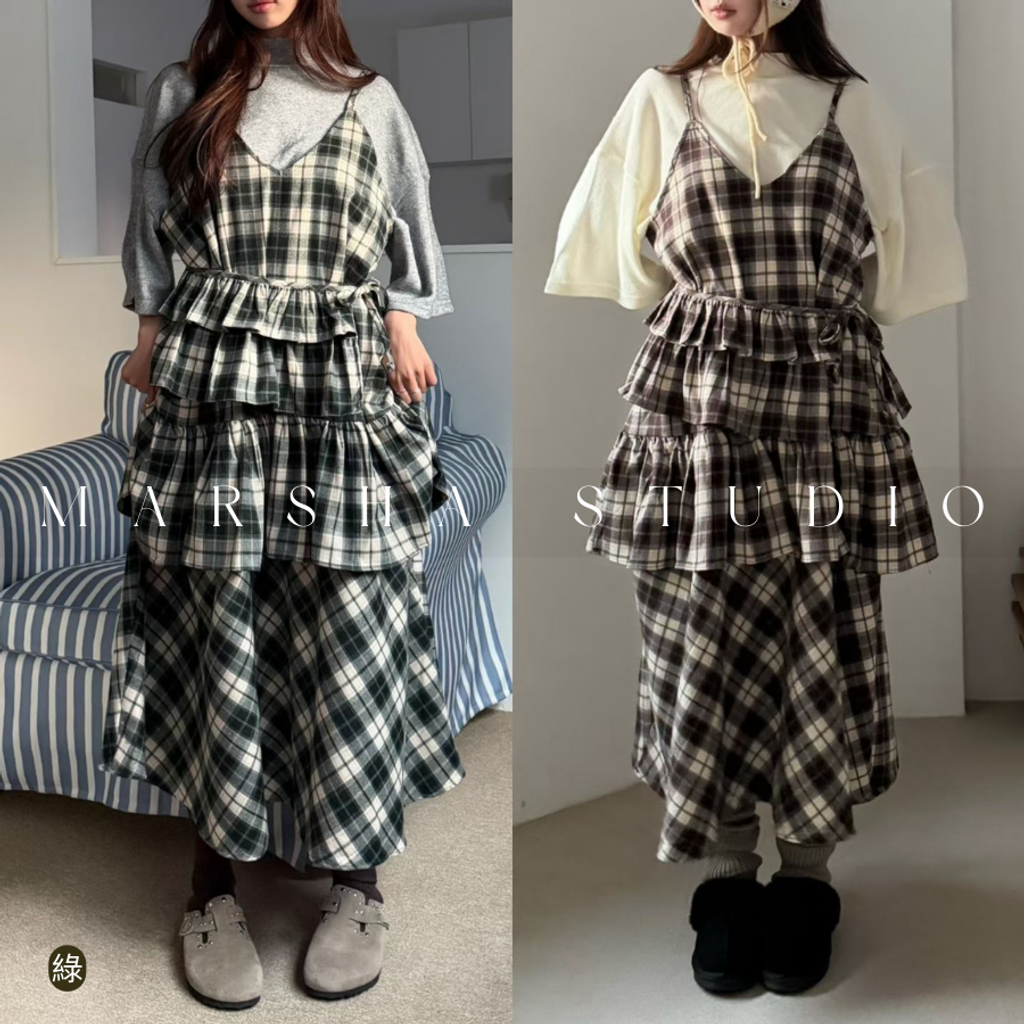 ❮韓國❯6AK08浪漫英倫格紋蛋糕層次細肩帶洋裝兩件式套裝