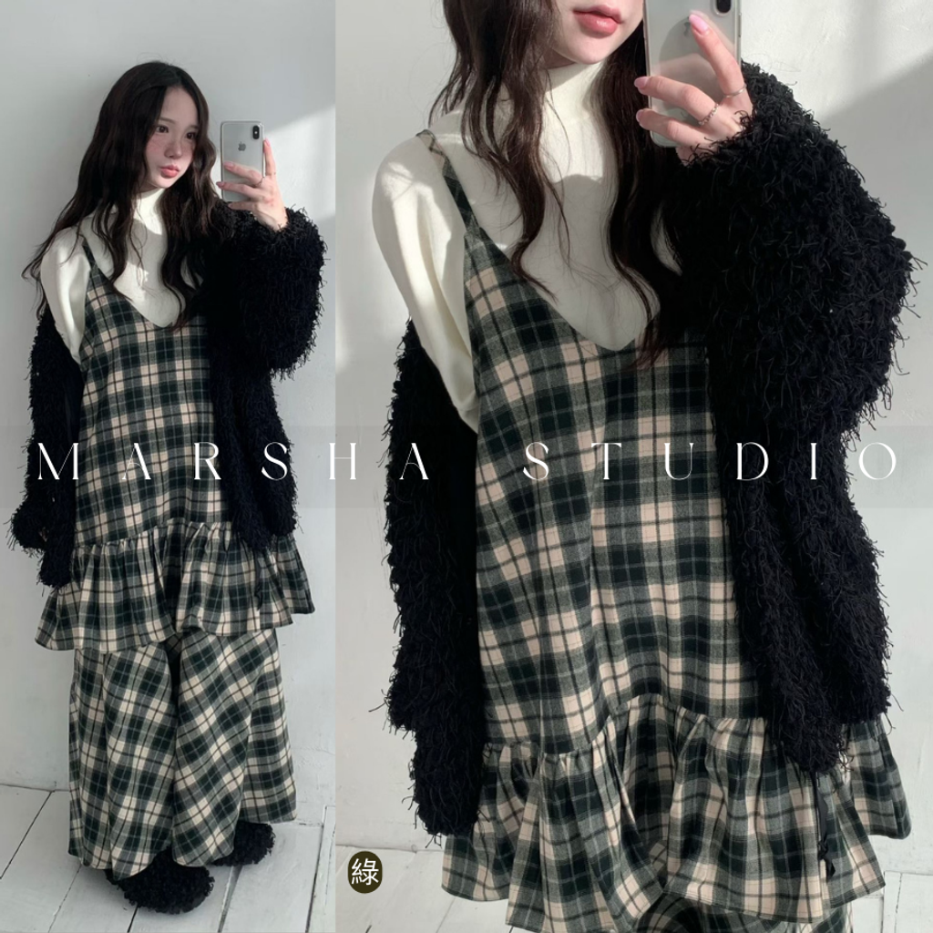 ❮韓國❯6AK08浪漫英倫格紋蛋糕層次細肩帶洋裝兩件式套裝 (5)