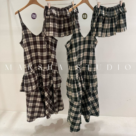 ❮韓國❯6AK08浪漫英倫格紋蛋糕層次細肩帶洋裝兩件式套裝 (19)