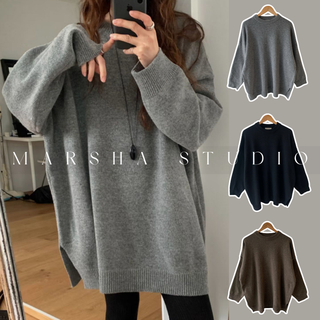 ❮韓國❯6AK07高比例羊毛混紡寬鬆側開衩長版圓領針織衫｜人氣經典基本款針織毛衣 (2)