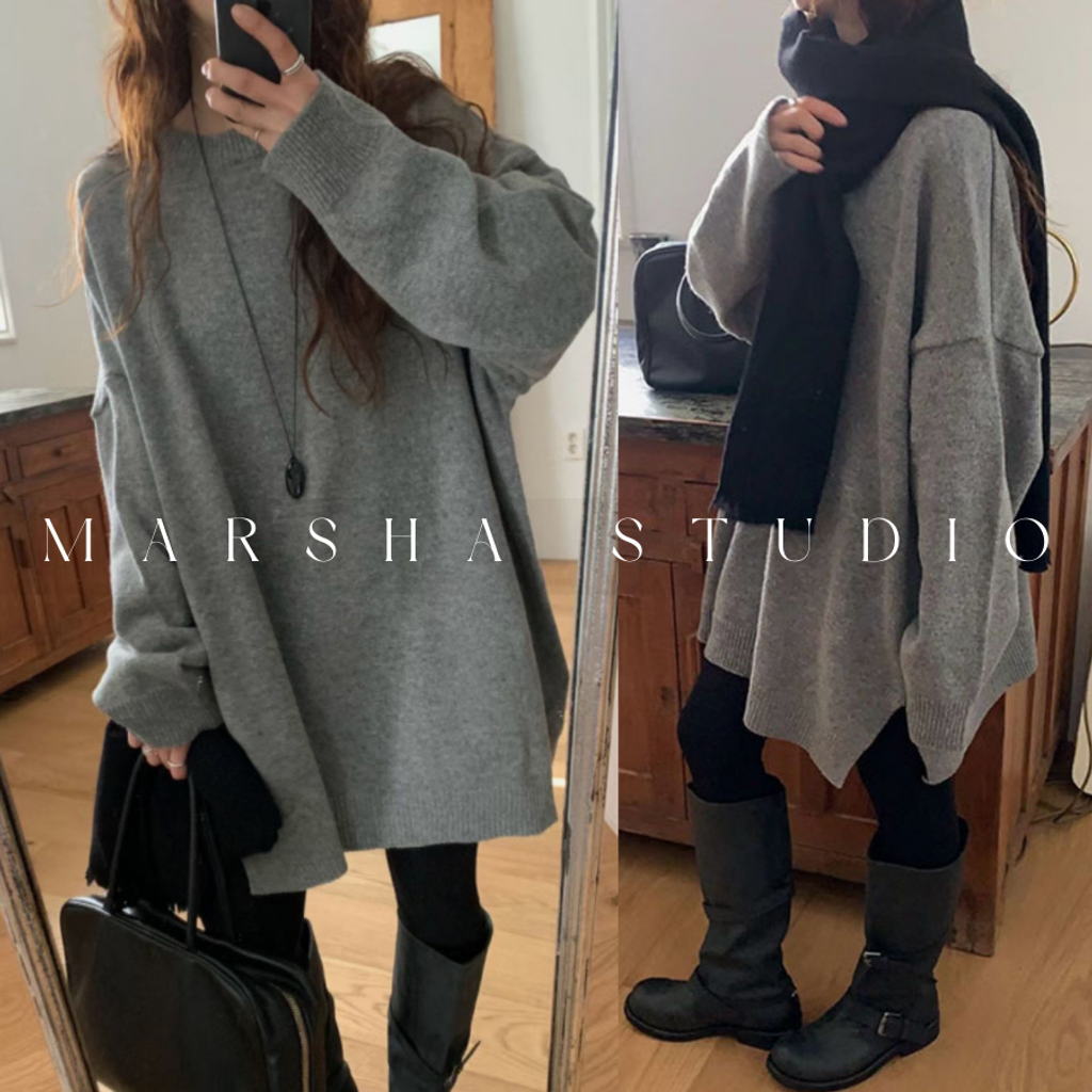 ❮韓國❯6AK07高比例羊毛混紡寬鬆側開衩長版圓領針織衫｜人氣經典基本款針織毛衣 (3)