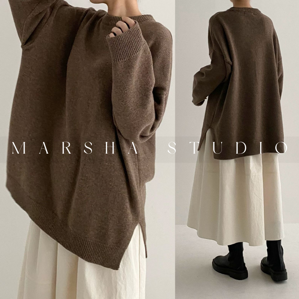 ❮韓國❯6AK07高比例羊毛混紡寬鬆側開衩長版圓領針織衫｜人氣經典基本款針織毛衣 (8)